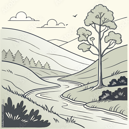 Serene vector illustration of a river valley featuring a winding watercourse and soft, natural slopes.