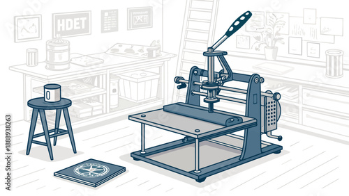 Manual lever tumbler heat press machine in a workshop with a stool and plate