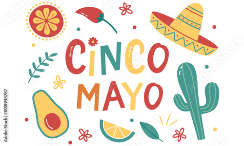 Cinco de Mayo Doodle Vector Set: Sombrero, Cactus, Avocado, Chili .