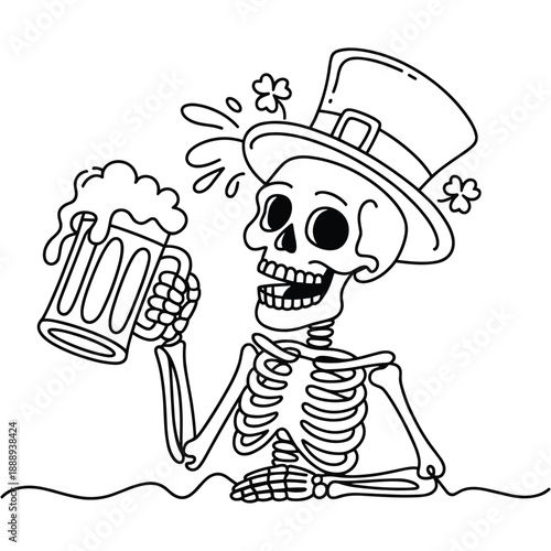 Whimsical skeleton wearing a leprechaun hat holding a frothy mug of beer with shamrocks