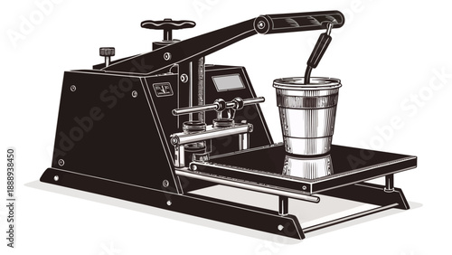 Heat press machine with tumbler on platform for custom printing and sublimation