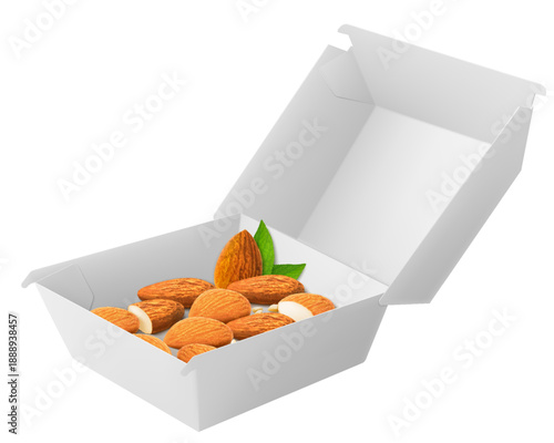 White Food Box with almond isolated on white background. Package with organic nuts. Rich in minerals and protein. Healthy nutrition, magnesium and vitamins. Realistic 3D Vector mockup