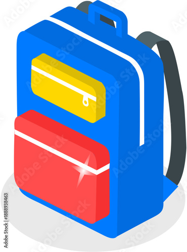 Modern isometric school backpack icon, colorful 3d rucksack vector illustration isolated on white