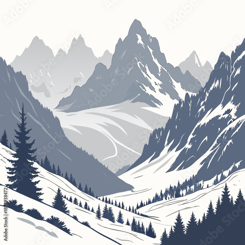 Imposing snowy mountain valley featuring sharp, geometric vector peaks, perfect for representing winter's grandeur and natural power.