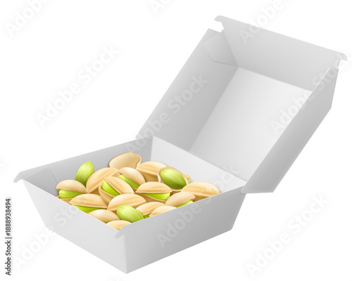 White Food Box with pistachios isolated on white background. Package with organic seeds. Rich in minerals and protein. Healthy nutrition and vitamins. Realistic 3D Vector mockup