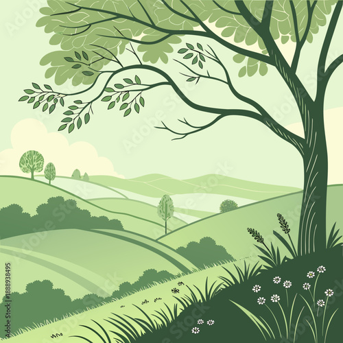Vibrant spring landscape with fresh green rolling hills rendered in a clean, flat vector style, ideal for nature and seasonal themes.