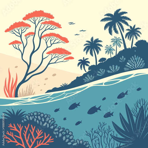 Vibrant tropical coast landscape with abstract coral shapes under clear blue water, depicting a serene underwater paradise.