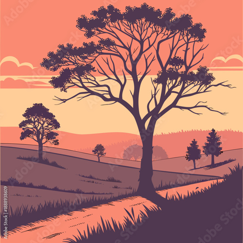 Golden hour sunset over a flat plain landscape, casting long, stylized vector shadows, evoking peace and the end of a day.