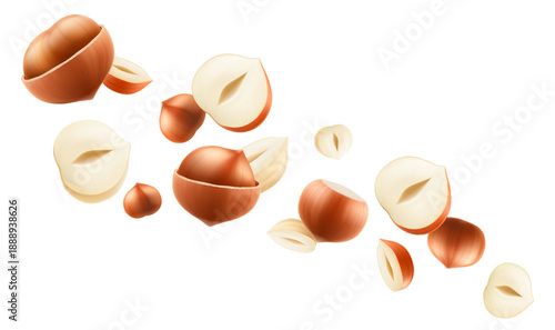 Flying hazelnut, isolated on transparent background, selective focus. Flying hazelnut with blurry effect. Can be used for advertising, packaging, banner, poster. Realistic 3d vector illustration