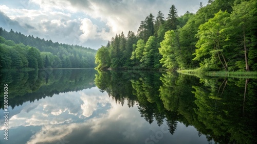 Forest reflected perfectly in the sky above