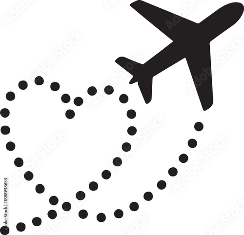 Romantic Airplane Silhouette with Heart-Shaped Flight Path – Travel and Love Icon