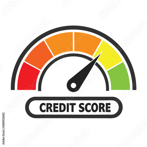 Credit score gauge showing a black needle pointing to good, financial status concept