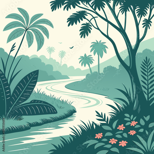 Calm tropical river landscape rendered with smooth, organic curves in a flat vector style, ideal for peaceful nature and travel themes.