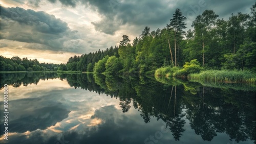Forest reflected perfectly in the sky above