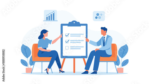 Business meeting or interview two professionals reviewing a checklist on a large clipboard with charts in the background