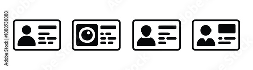 ID card minimal icon set, clean black line vector, identification badge illustration