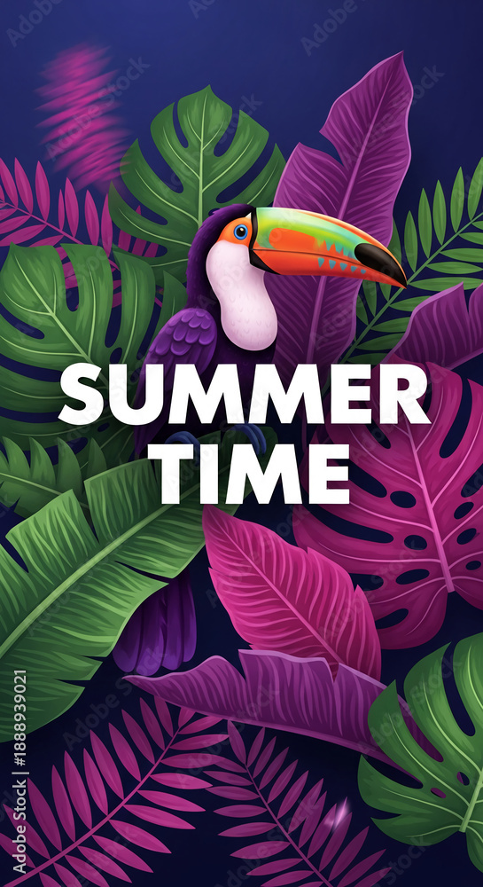 Obraz premium Vibrant illustration of toucan among tropical leaves, suggesting a seasonal theme, particularly summer, with text that says 
