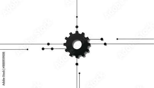 Black gear icon connected to digital network lines and nodes, representing technology, engineering, and system integration concept