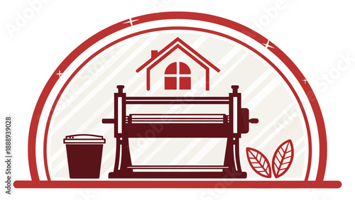 Red silhouette of heat press machine with house cup and leaves in a craft studio