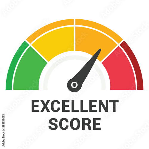 Credit score gauge with needle in the green zone, indicating excellent financial status