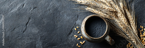 Obraz  z motywem Rustic ceramic mug filled with dark powder next to dried wheat stalks on a textured slate background, top view.