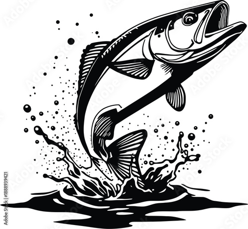 Jumping fish out of water splash black and white illustration for fishing logo or graphic design