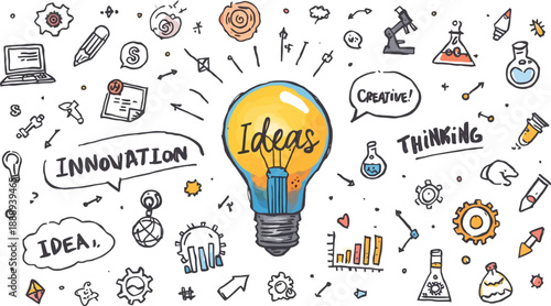 Hand drawn doodle style illustration of ideas, innovation, and creative thinking with lightbulb centerpiece
