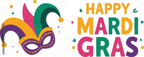 Happy mardi gras text with colorful jester mask illustration
