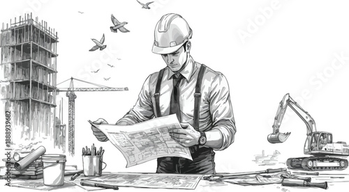 Architect or engineer reviewing blueprints at construction site with crane and excavator, handdrawn style
