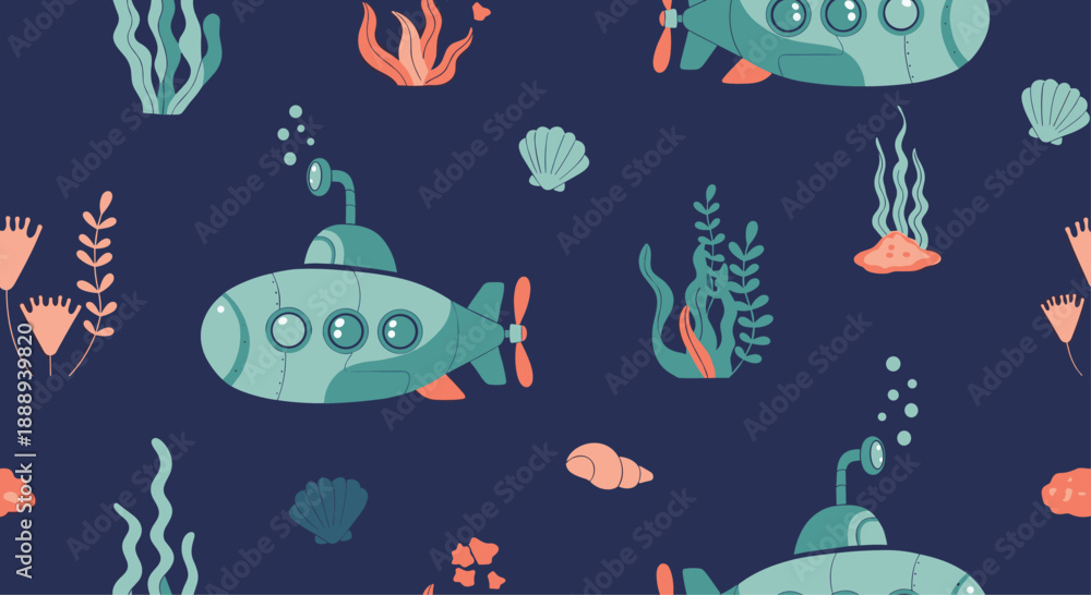 Obraz premium Underwater seamless pattern with submarines, seaweed, seashells, and bubbles on a navy blue background, perfect for nautical-themed designs and children's projects.