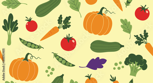 Colorful vegetable pattern on a light yellow background, perfect for healthy eating designs.