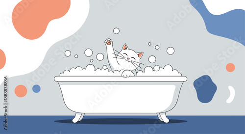 A cheerful white cat enjoys a bubble bath, raising a paw in delight, with abstract colorful shapes in the background, creating a playful and heartwarming illustration.