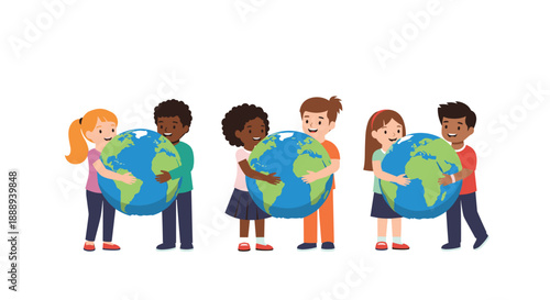 Diverse children embracing the Earth, symbolizing global unity and environmental care in a colorful illustration.