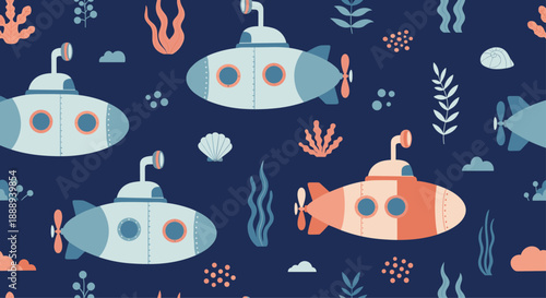 Underwater seamless pattern with submarines, sea plants, and seashells, on a dark blue background, vector illustration.