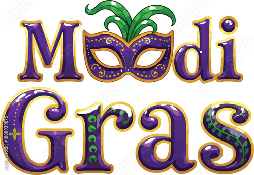 Mardi gras text design with purple and green colors and a masquerade mask illustration
