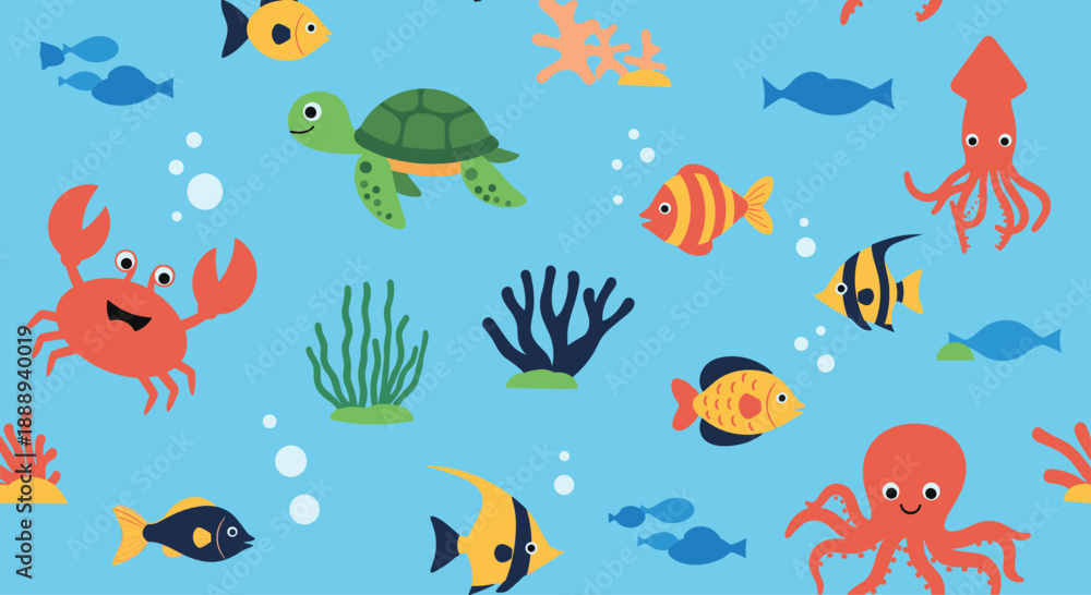 Obraz premium Cute illustration of various sea creatures, including fish, a turtle, octopus, and a crab, in a colorful ocean setting.