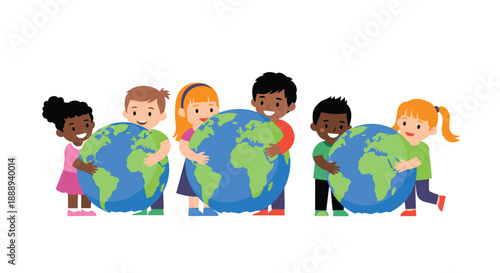 Diverse children holding and embracing the Earth, promoting environmental protection and global unity.