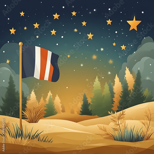 Night scene with flag waving over a desert landscape under a starry sky