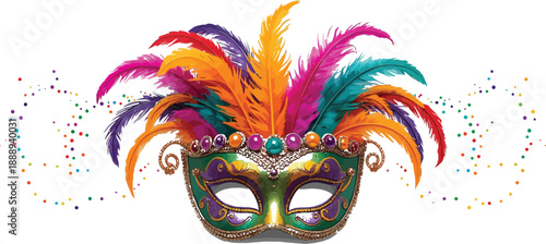 Colorful mardi gras mask with feathers and confetti