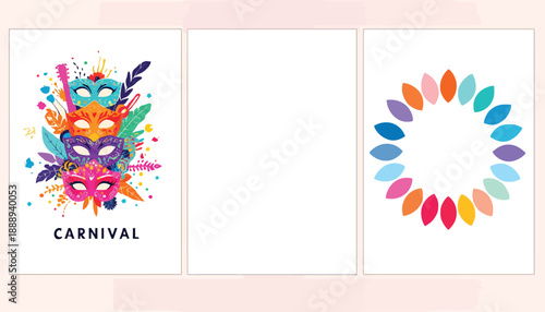 Colorful carnival masks and abstract design elements for festive celebration poster or greeting card