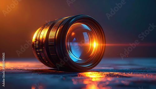 A professional camera lens lying on a dark, wet surface, illuminated by warm orange and blue light, with reflections and bokeh effects.