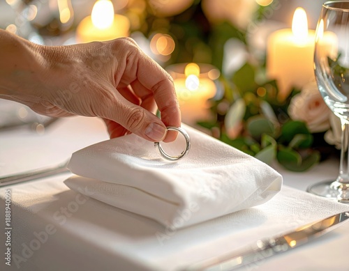 Elegant Table Setting A Hand Places A Ring On A White Napkin With Soft Candlelight And Floral Accents Creating A Romantic Ambiance For A Special Occasion