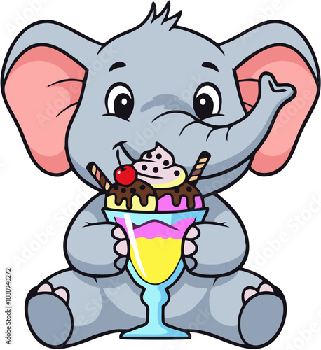 Cartoon Elephant Holding Ice Cream Sundae.
