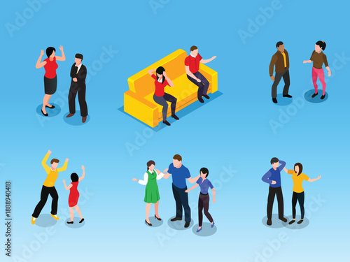 Couples in Conflict: Emotional Relationship Problems, Arguments, and Family Disagreements Set 3d isometric vector illustration