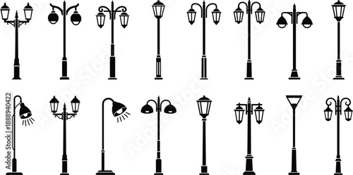 Collection of black silhouette street lamps on white background lamppost light