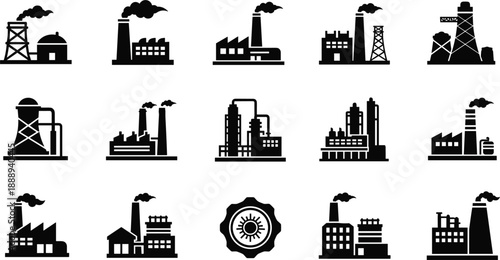 Collection of Black Silhouettes of Industrial Factories on White Background untitled illustration