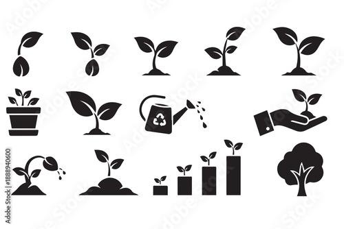 Plant Growth and Gardening Icon Set: Vector Symbols for Ecology, Agriculture, and Sustainability