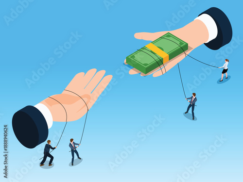 Corporate Puppet Mastery and Financial Control Concept 3d isometric vector illustration