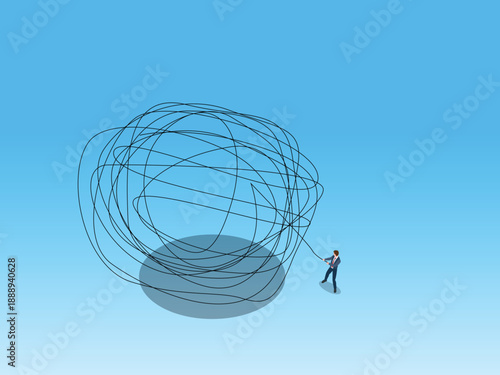 Businessman Untangling Large Knot of Chaos and Complexity 3d isometric vector illustration