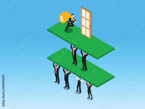 Business Team Supporting Success of Leader with Money Bag 3d isometric vector illustration